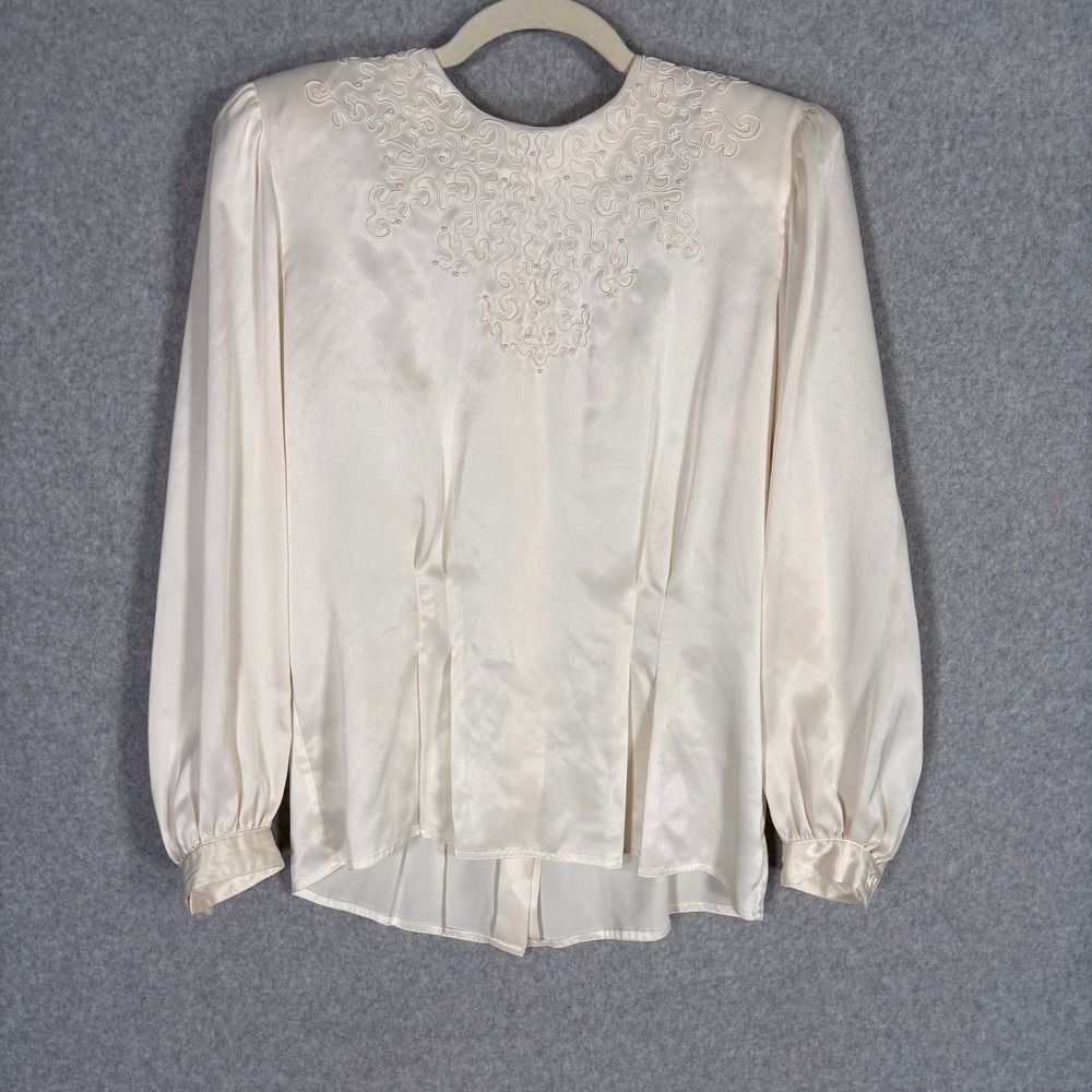 Vintage 80s 90s Satin Blouse 10 Ivory Cream Embroidered Pearls Coquette Feminine